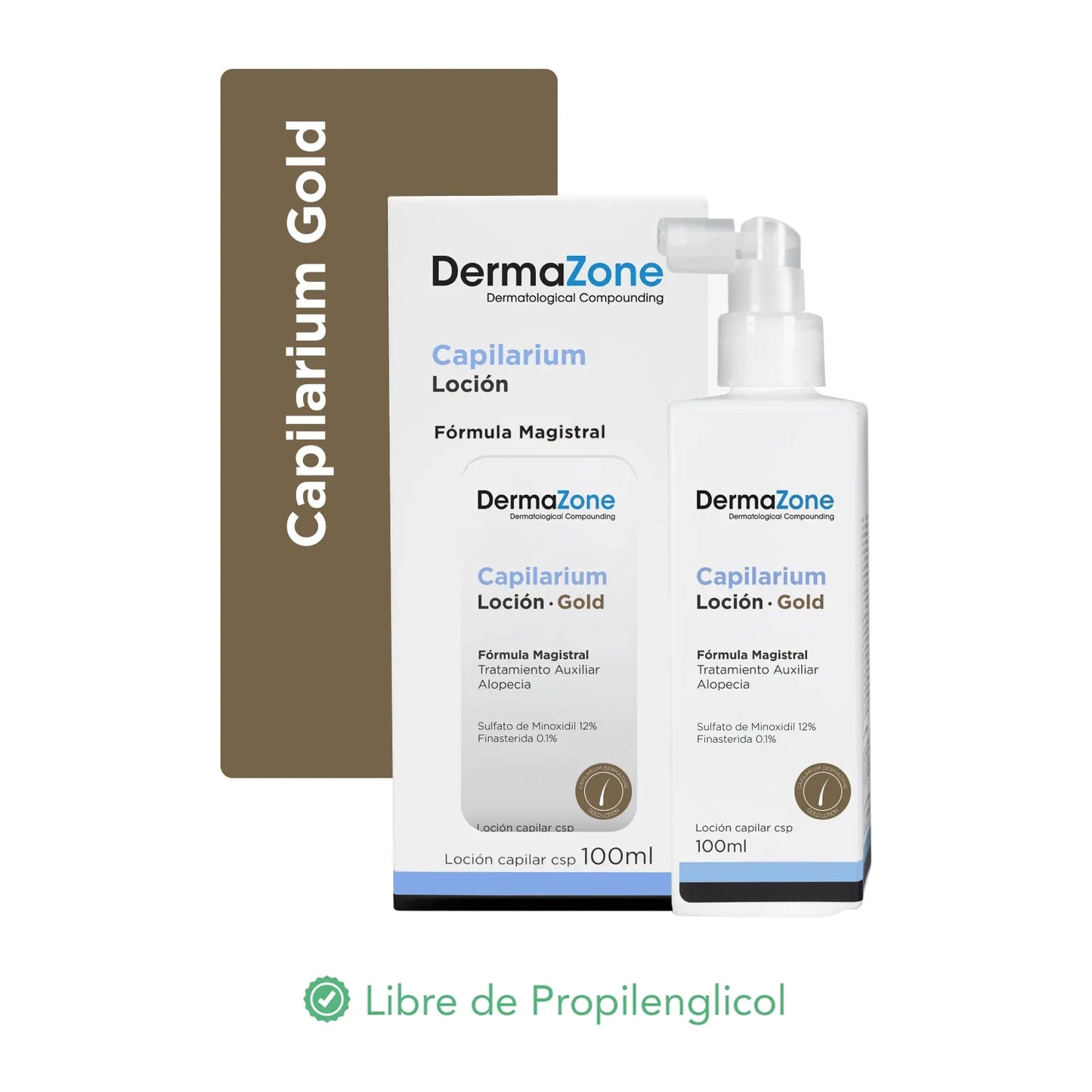 Capilarium Gold Loción Capilar 100ml Minoxidil 12% Finasteride DermaZone tratamiento alopecia México